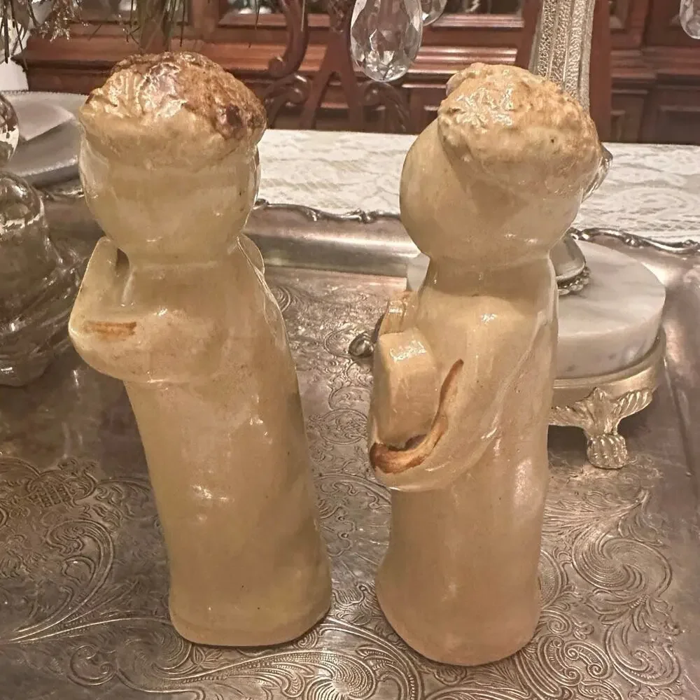 Glazed Stoneware Pottery Rustic Figurines X2 Folk Art Cottage Chic Love & Prayer